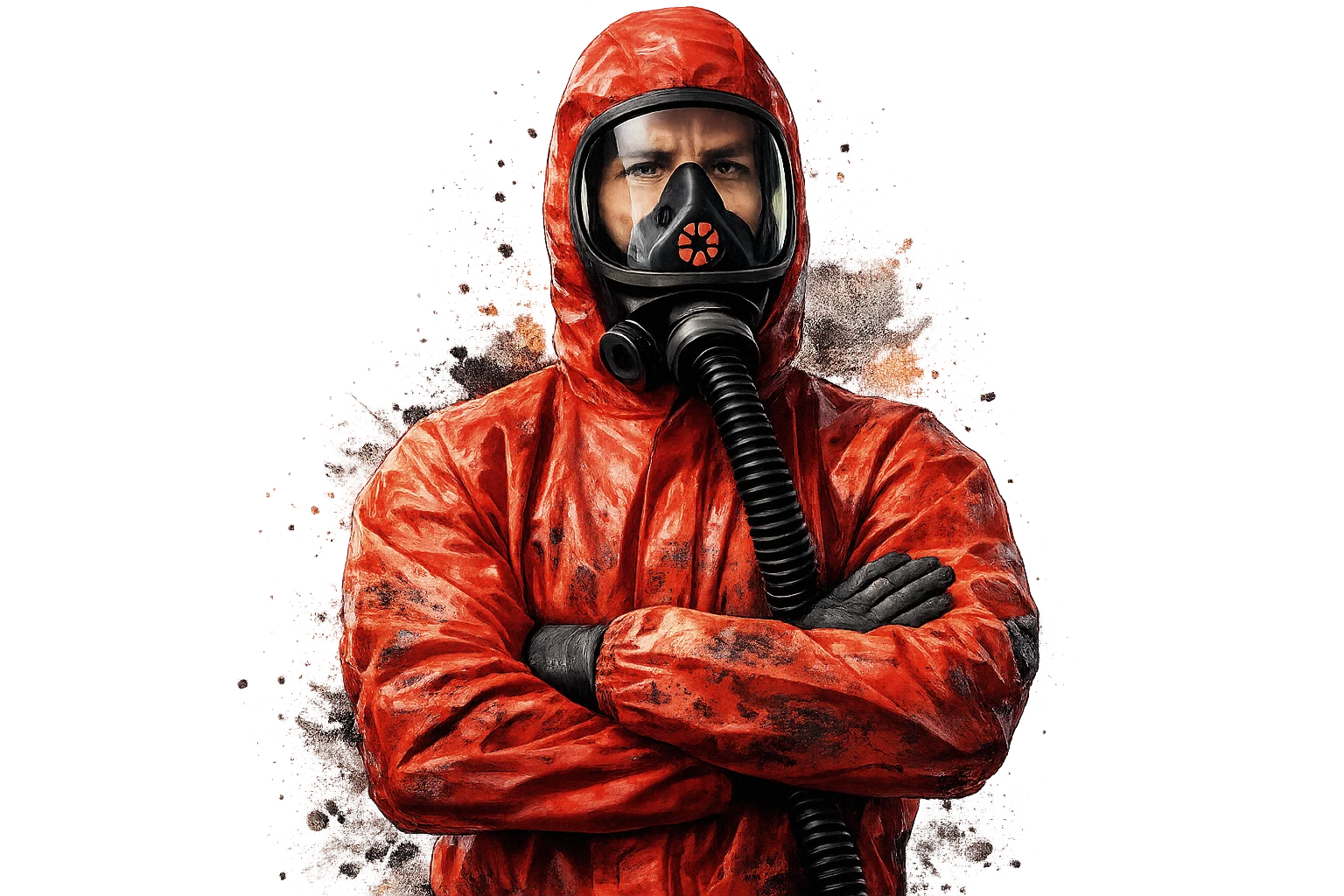 Operative in protective suit and respirator