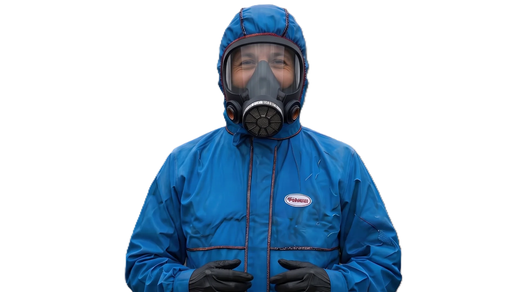 Asbestos operative in blue protective suit